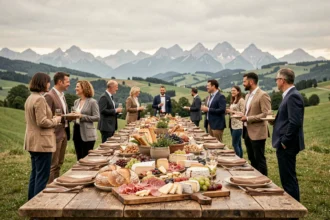Table de traiteur gastronomique en plein air en Auvergne-Rhône-Alpes avec charcuteries, fromages alpins et pains artisanaux