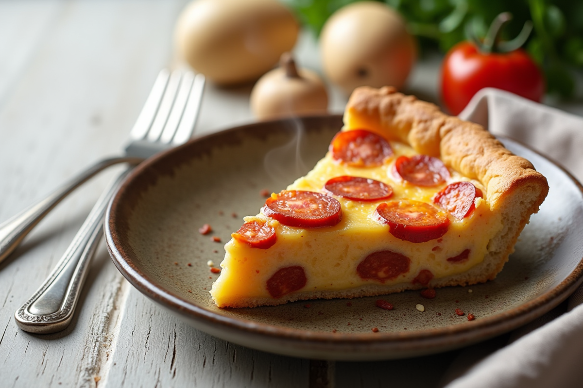 Tranche de quiche au chorizo sur assiette rustique