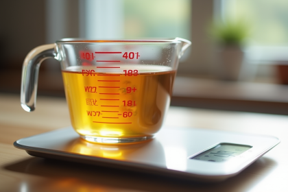 Verre mesure 40 cl à côté d'une balance numérique en cuisine