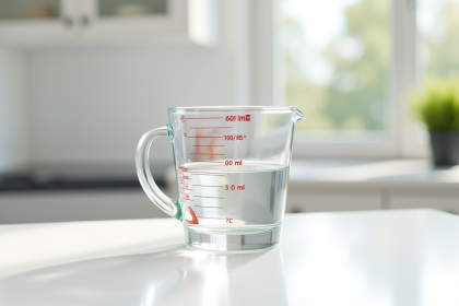 Verre mesure 60 ml sur plan de travail blanc lumineux