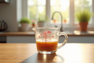 Verre mesure 250 ml sur plan de cuisine lumineux