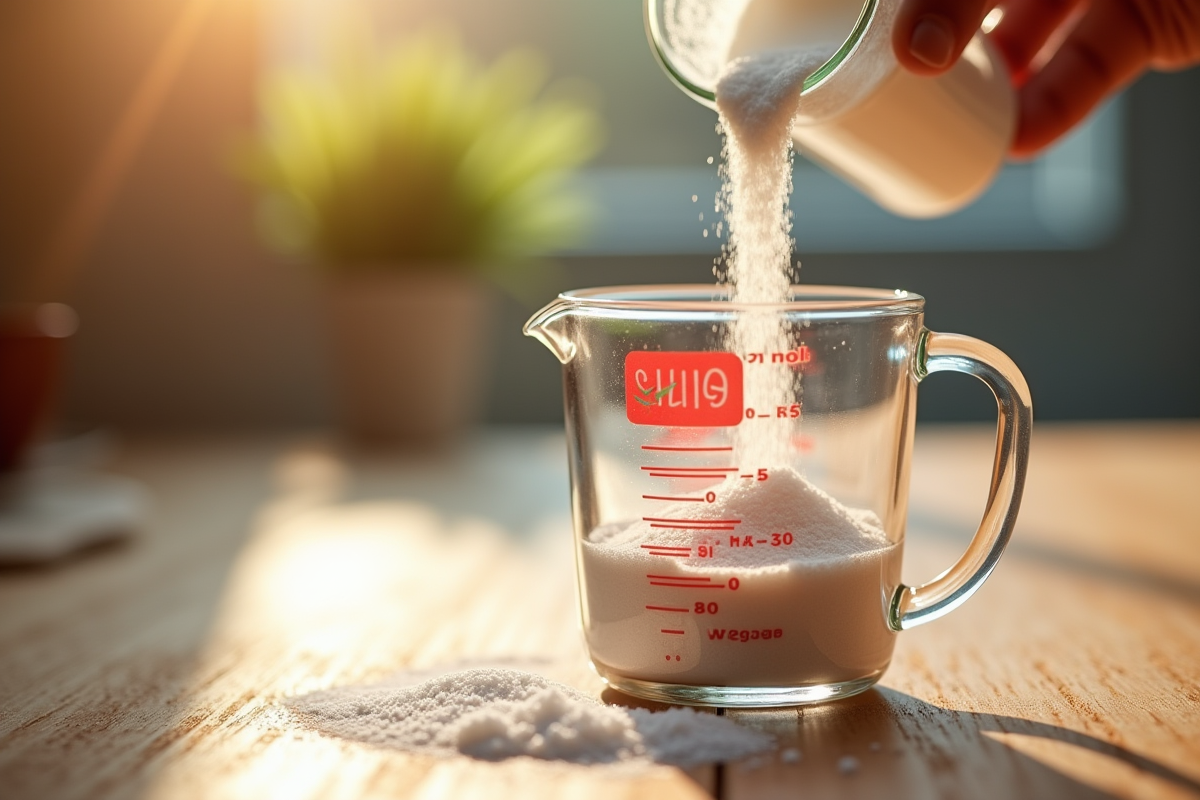 Verser du sucre dans un verre doseur en lumière naturelle