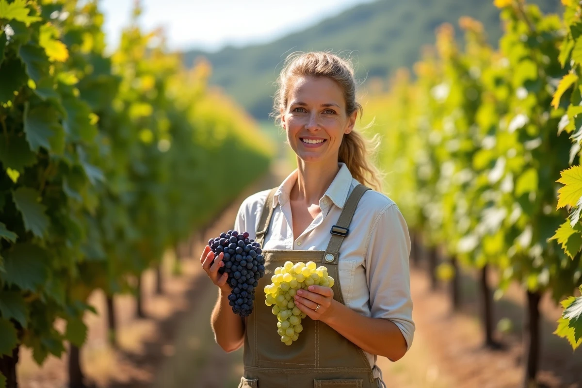 Viticultrice tenant des grappes de raisin cabernet sauvignon et sauvignon blanc dans un vignoble français en fin d'été