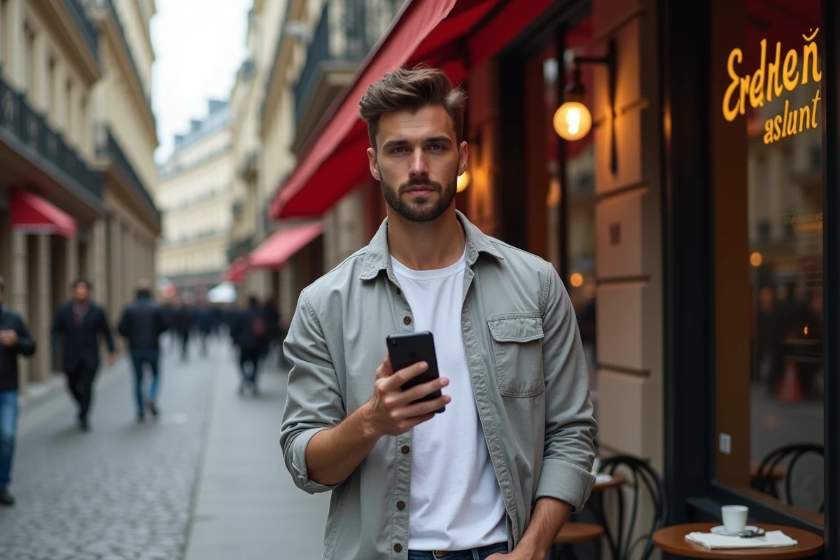 Voyageur consultant sa réservation de restaurant sur smartphone devant la façade d'un bistrot parisien rue pavée