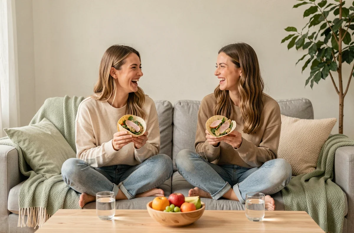 Deux femmes partageant des wraps sains et équilibrés dans un salon scandinave minimaliste sans effort de préparation